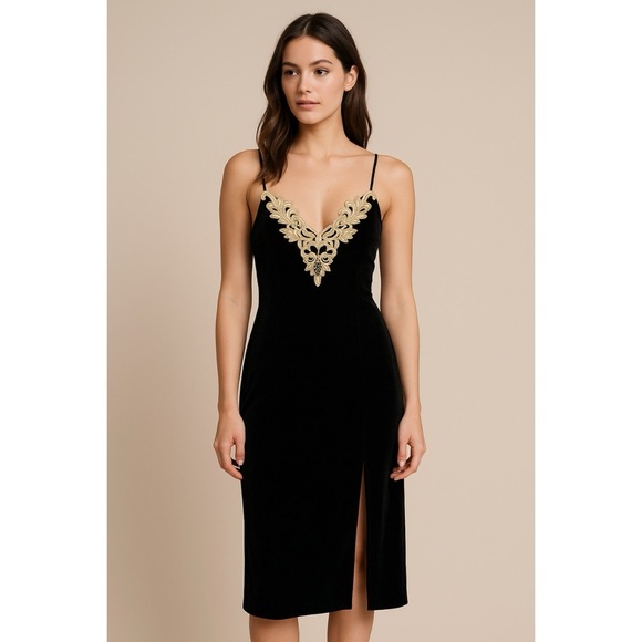 Sophia by Delicates x Vintage Elegant Velvet Gold Trimmed Slip Dress - Picture 1 of 9